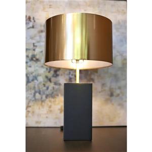 Lampe de table Jupiter, abat-jour métal doré, base en cuir