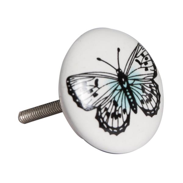 Natural by Lifestyle Brands Handpainted White/Black/Blue Butterfly Motif Ceramic Knobs (12 Pack)