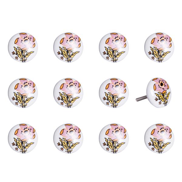 Natural by Lifestyle Brands Handpainted White/Yellow/Pink Floral Motif Ceramic Knobs (12 Pack)