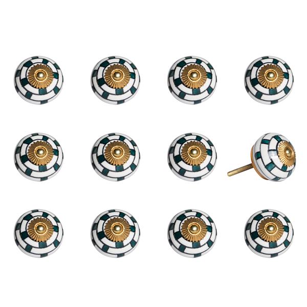 Natural by Lifestyle Brands Handpainted White/Teal/Gold Ceramic Knobs (12 Pack)