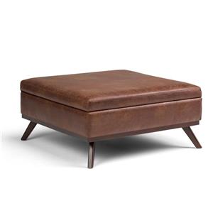 Simpli Home Owen Distressed Saddle Brown Square Coffee Table Ottoman with Storage