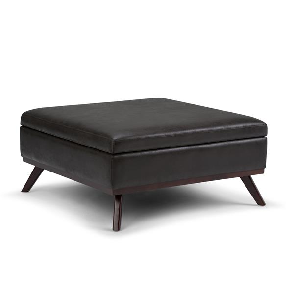 Simpli Home Owen Distressed Black, Leather Coffee Table Ottoman With Storage