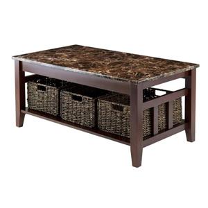 Winsome Wood Zoey 40"L Rectangular Coffee Table With Dark Chocolate Frame, Faux Earth Tone Marble Top, and 3 Woven Baskets