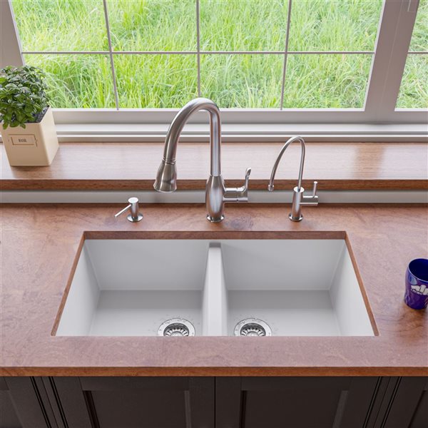 ALFI brand 17.75-in x 34-in White Double-Basin Undermount Residential Kitchen Sink