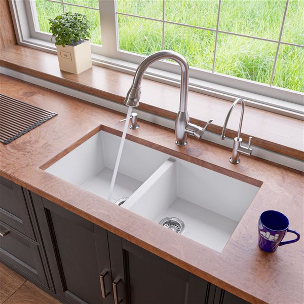 ALFI brand 17.75-in x 34-in White Double-Basin Undermount Residential Kitchen Sink