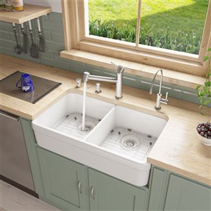 ALFI brand 32-in x 17.75-in White Double-Basin Drop-In Apron Front Farmhouse Residential Kitchen Sink