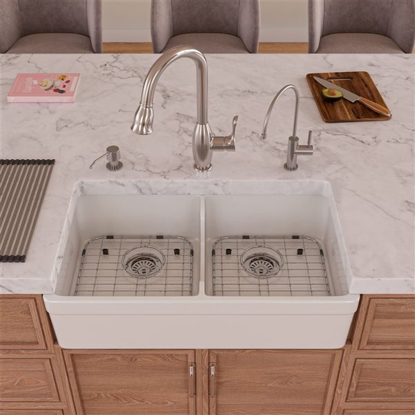 ALFI brand Apron Front/Farmhouse Kitchen Sink - Double Bowl - 31.75-in x 17.75-in - White