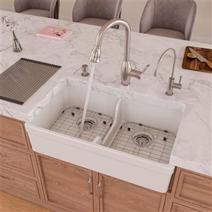 ALFI brand Apron Front/Farmhouse Kitchen Sink - Double Bowl - 31.75-in x 17.75-in - White