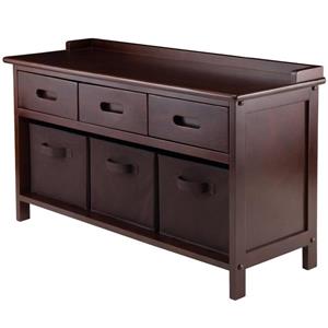Winsome Wood Adriana 38.27-in Antique Walnut Wooden Cubby With 3 Chocolate Espresso Foldable Storage Baskets Indoor Bench