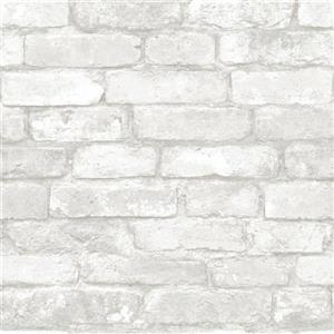 Papier peint brique, 20,5 po x 216 po, gris et blanc