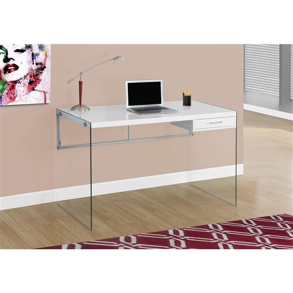 Bureau d'ordinateur Monarch en verre clair et blanc, 48 po