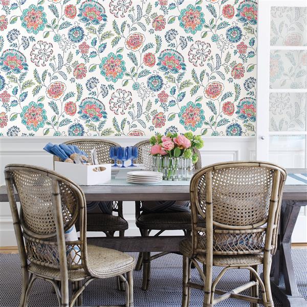 A-Street Prints Teal Floral Non-Woven Paste The Wall Tropez Jacobean Wallpaper