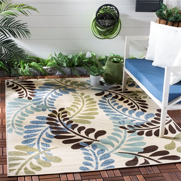 Safavieh Veranda Fern 8-ft x 11-ft Cream/Aqua Rectangular Indoor/Outdoor Floral/Botanical N/A Area Rug