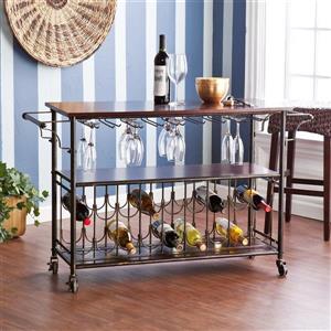 Boston Loft Furnishings 17-in x 48.50-in Midcentury Brown MDF Kitchen Cart With Hanging Glass And Bottle Rack Acocmmodations