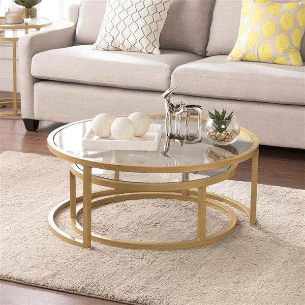 Boston Loft Furnishings Ester 35.5-in x 14.75-in Gold Frame and Glass Top 2-Piece Nesting Coffee Table