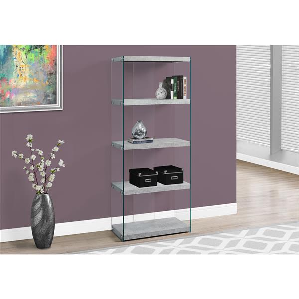 Monarch 58.75-in x 24-in x 12-in Gray Cement Look Glass Sides Bookcase
