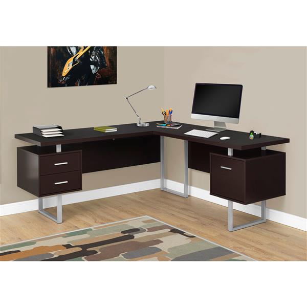 Bureau d'ordinateur Monarch en L brun 3 tiroirs 71 po x 30 po