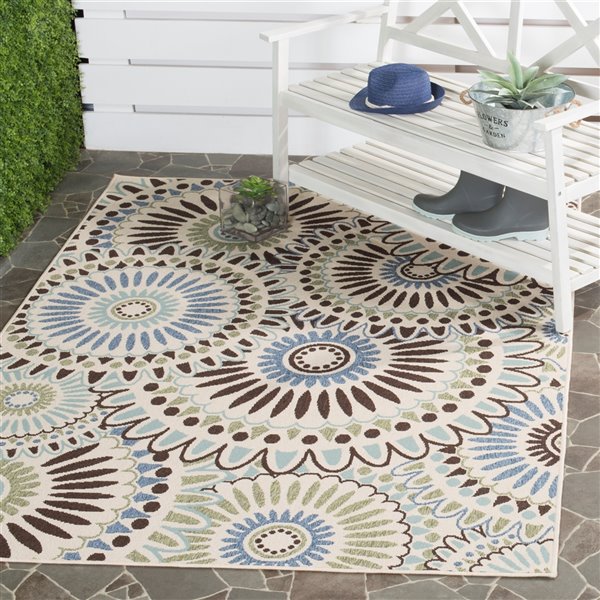 Safavieh Veranda Sissy 5-ft x 8-ft Cream/Brown Rectangular Indoor/Outdoor Floral/Botanical Coastal Area Rug