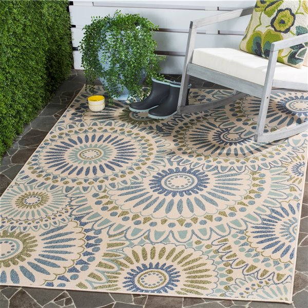 Safavieh Veranda Sissy 5-ft x 8-ft Cream/Blue Rectangular Indoor/Outdoor Floral/Botanical Coastal Area Rug