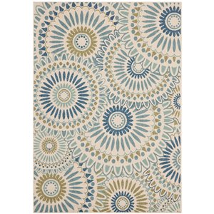 Safavieh Veranda Sissy 5-ft x 8-ft Cream/Blue Rectangular Indoor/Outdoor Floral/Botanical Coastal Area Rug