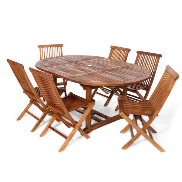 All Things Cedar 7 Piece Teak Oval, Outdoor Dining Table With Umbrella Hole Canada