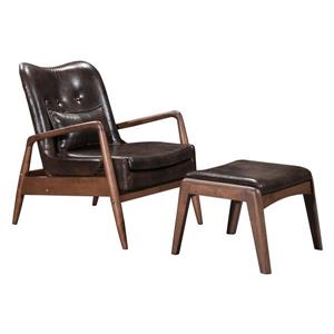 Zuo Modern Bully Lounge Chair with Ottoman - 30.3-in x 33.5-in - Brown