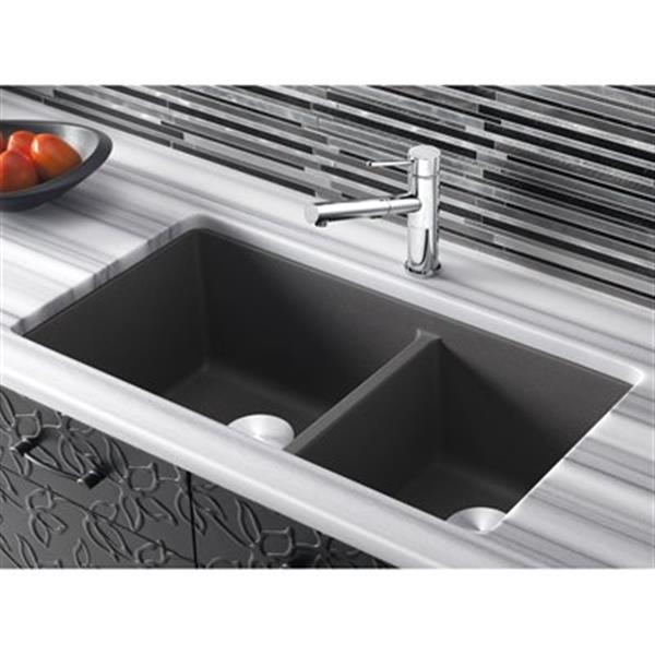 BLANCO Precis 18-in x 33-in Cinder Silgranit Double Bowl Undermount Sink