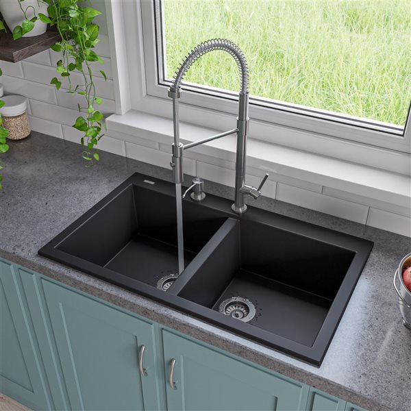 ALFI brand 34-in Black Undermount Double Bowl Kitchen Sink