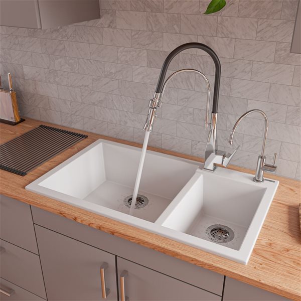 ALFI brand 33.88-in x 19.75-in White Double Bowl Drop-in Granite Composite Kitchen Sink