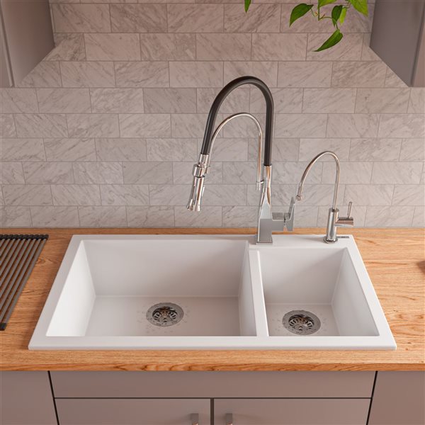 ALFI brand 33.88-in x 19.75-in White Double Bowl Drop-in Granite Composite Kitchen Sink