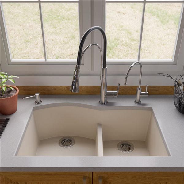 ALFI brand 33-in x 20.75-in Off White Double Bowl Undermount Granite Composite Kitchen Sink