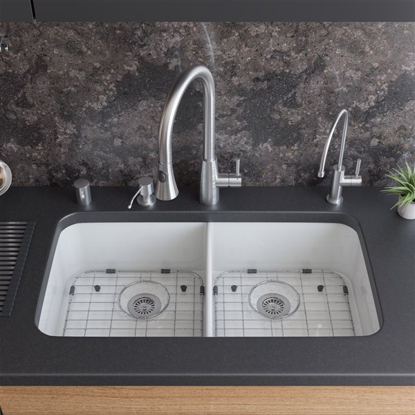 ALFI brand 32-in x 18-in White Double Bowl Fireclay Undermount Kitchen Sink