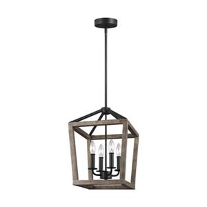 Feiss Gannet 4-Light Weathered Oak Wood/Antique Forged Iron Pendant