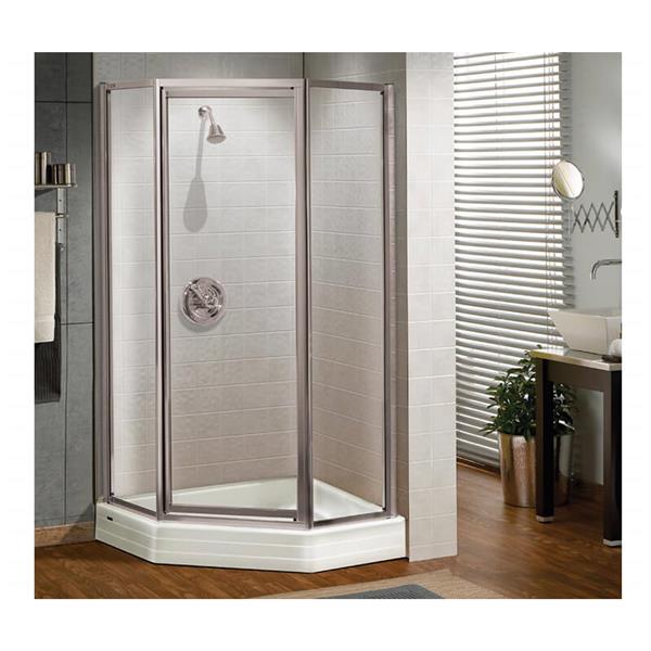 Porte de douche pivotante néo-angulaire MAAX Silhouette de 38 po x 70 po  chrome verre transparent