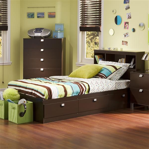 South S Furniture Chocolate Spark, Twin Bed With Bookcase Headboard And Drawers