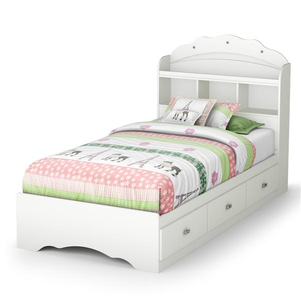 South Shore Furniture  3 Drawer Pure White Tiara Mates Twin Bed with Bookcase Headboard