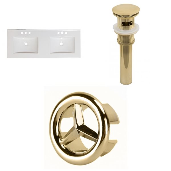 American Imaginations Xena 48 x 18.25-in  2 Sinks White Ceramic Single Hole Vanity Top Set Gold Sink Drain and Overflow Cap