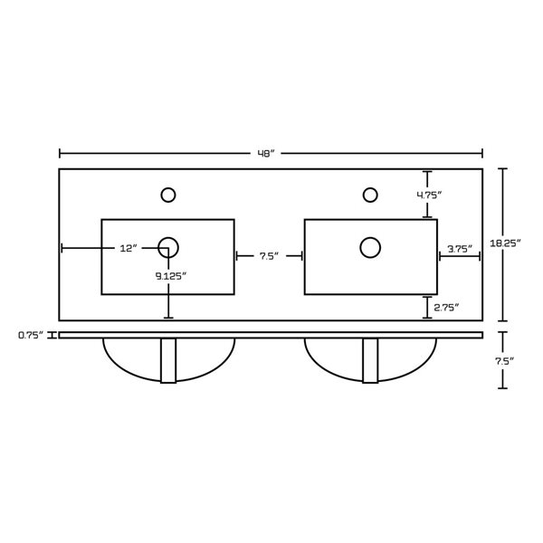 American Imaginations Xena 48 x 18.25-in  2 Sinks White Ceramic Single Hole Vanity Top Set Black Sink Drain and Overflow Cap