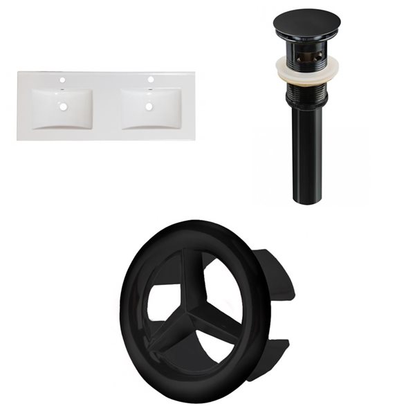 American Imaginations Xena 48 x 18.25-in  2 Sinks White Ceramic Single Hole Vanity Top Set Black Sink Drain and Overflow Cap