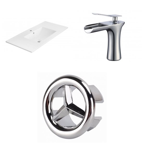 American Imaginations Xena 35 x 18.25-in White Ceramic Single Hole Vanity Top Set Chrome Bathroom Faucet and Overflow Cap