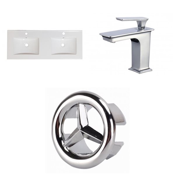 American Imaginations Xena 2 Sinks 48x18,25-in White Ceramic Single Hole Vanity Top Chrome Bathroom Faucet and Overflow Drain