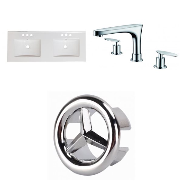 American Imaginations 59-in x 18-in White Ceramic Xena 2 Sinks Vanity Top Set with Chrome Faucets and Overflow Caps