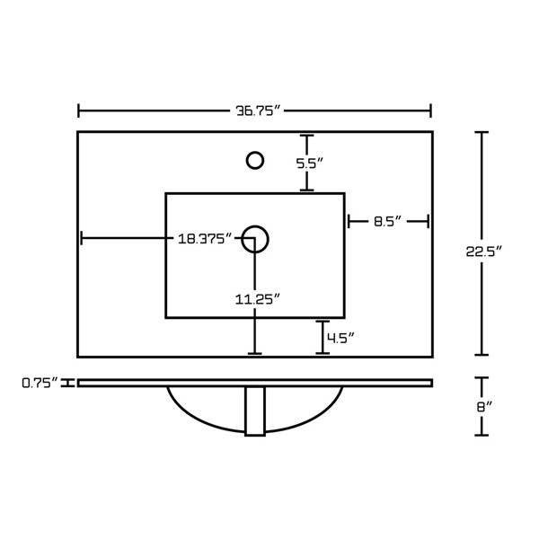American Imaginations Flair 36.75-in x 22.5-in White Singlehole Ceramic Top Set With Black Sink Drain