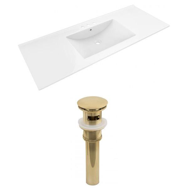 American Imaginations Alum 48 x 18.5in White Ceramic Centerset Vanity Top Set Gold Sink Drain