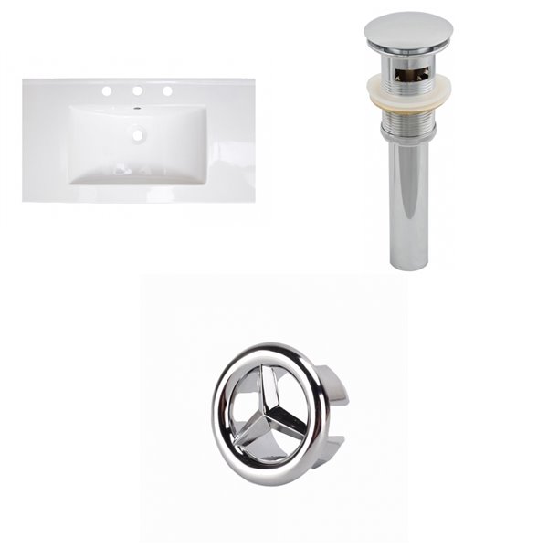 American Imaginations Flair 36.75 x 22.25-in White Ceramic 4-in Centerset Vanity Top Set Chrome Bathroom Drain and Overflow Cap