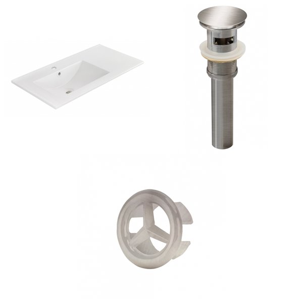 American Imaginations 35.5 x 18.25-in White Ceramic Vanity Top Single Hole Brushed Nickel Bathroom Sink Drain Overflow Cap