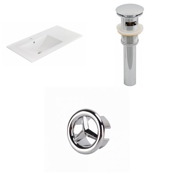 American Imaginations 35.5-in x 18.25-in White Ceramic Vanity Top Set Single Hole Chrome Bathroom Sink Drain Overflow Cap