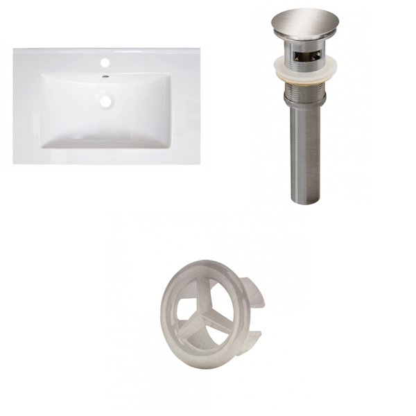 American Imaginations Vee 30-in x 18.5-in White Singlehole Ceramic Top Set With Brushed Nickel Sink Drain And Overflow Cap