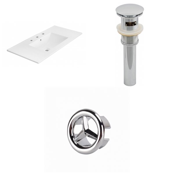American Imaginations 35.5-in White Ceramic Whidespread Vanity Top Set Chrome Sink Drain and Overflow Cap