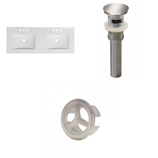 American Imaginations 48-in Dual Centreset White Ceramic Vanity Top Set With Brushed Nickel Overflow Cap And Sink Drain
